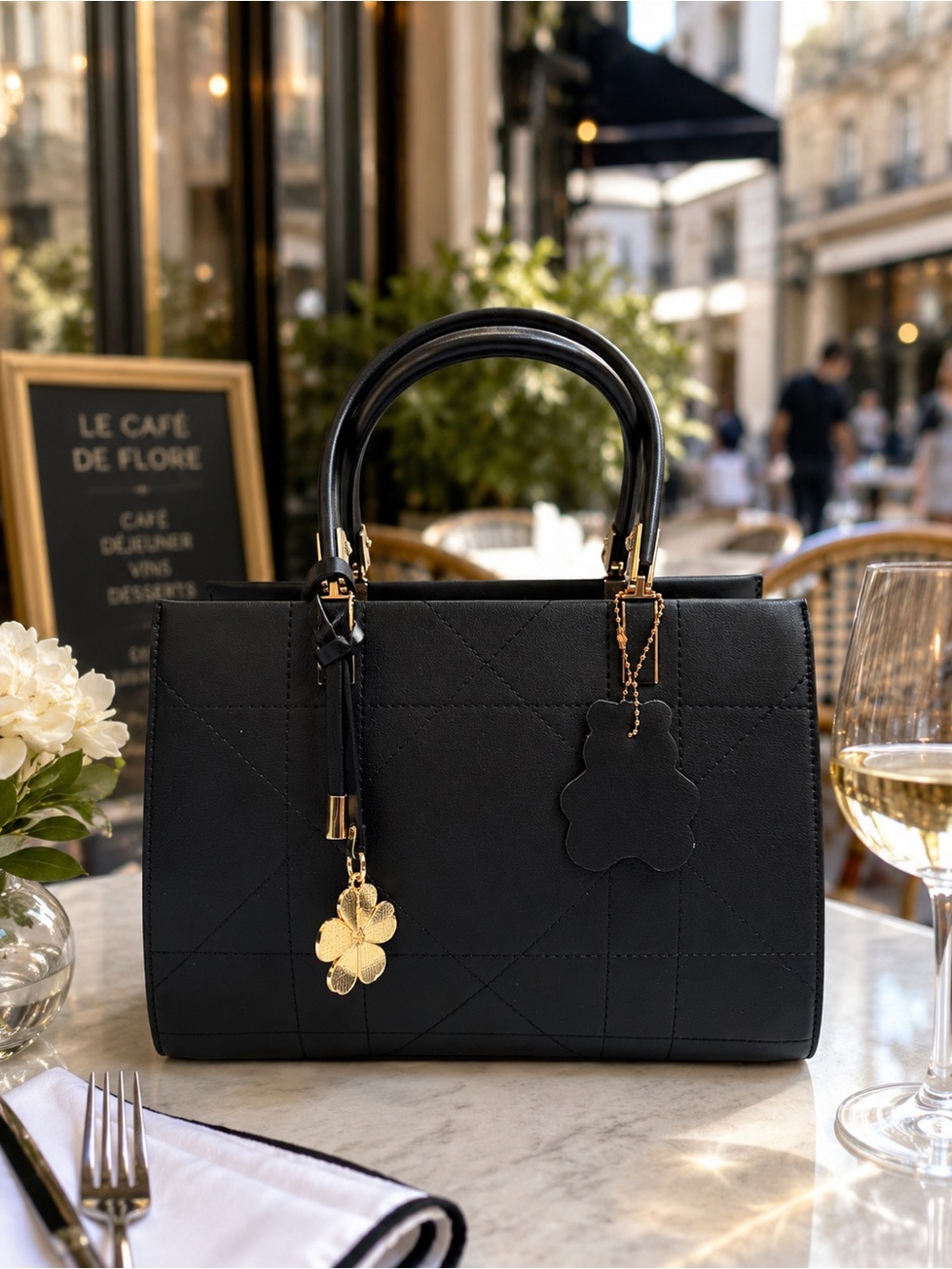 🆕❤️Classic Black Structured Vegan Leather Handbag - Gold Accent